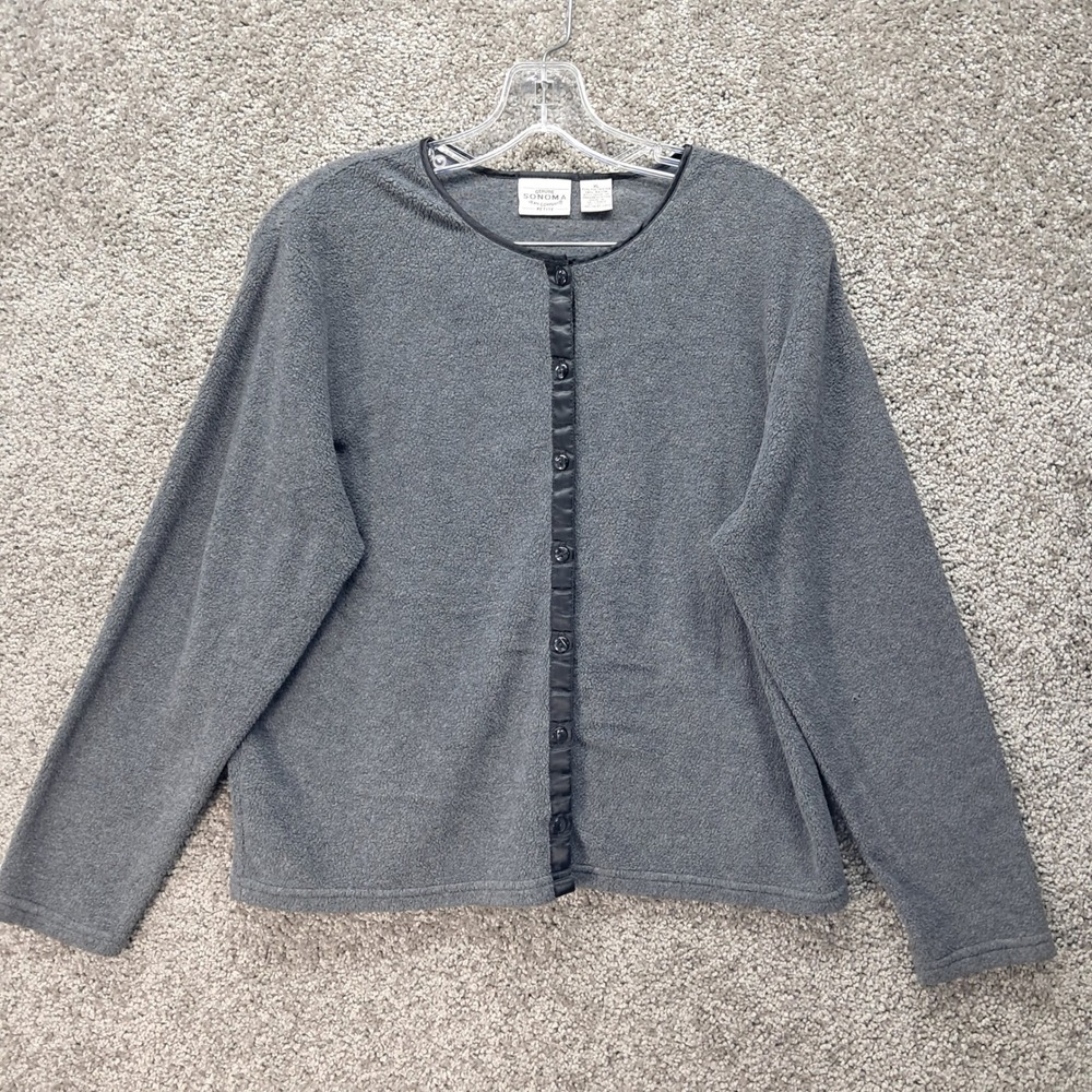 Sonoma Womens Gray Fleece Button Front Cardigan Petite XL Charcoal Trim